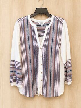 Liverpool Los Angeles Women's Striped Henley Blouse | 3/4 Sleeve | Size Large